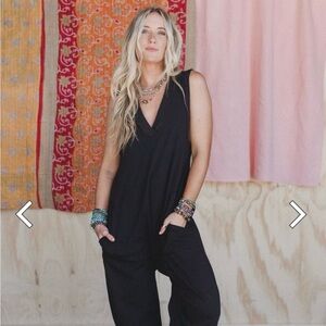 Three Bird Nest Black V-Neck Jumpsuit with Pockets- small